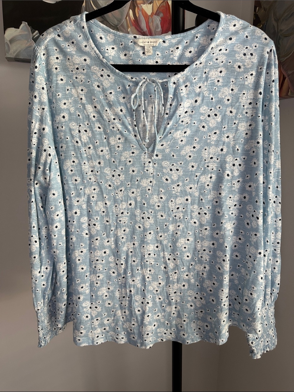Lucky Brand Light Blue Daisy Tie-Neck Long Sleeve Top